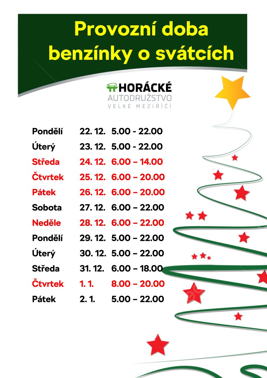 HAD-Provozní doba o svátcích benzinka 2025